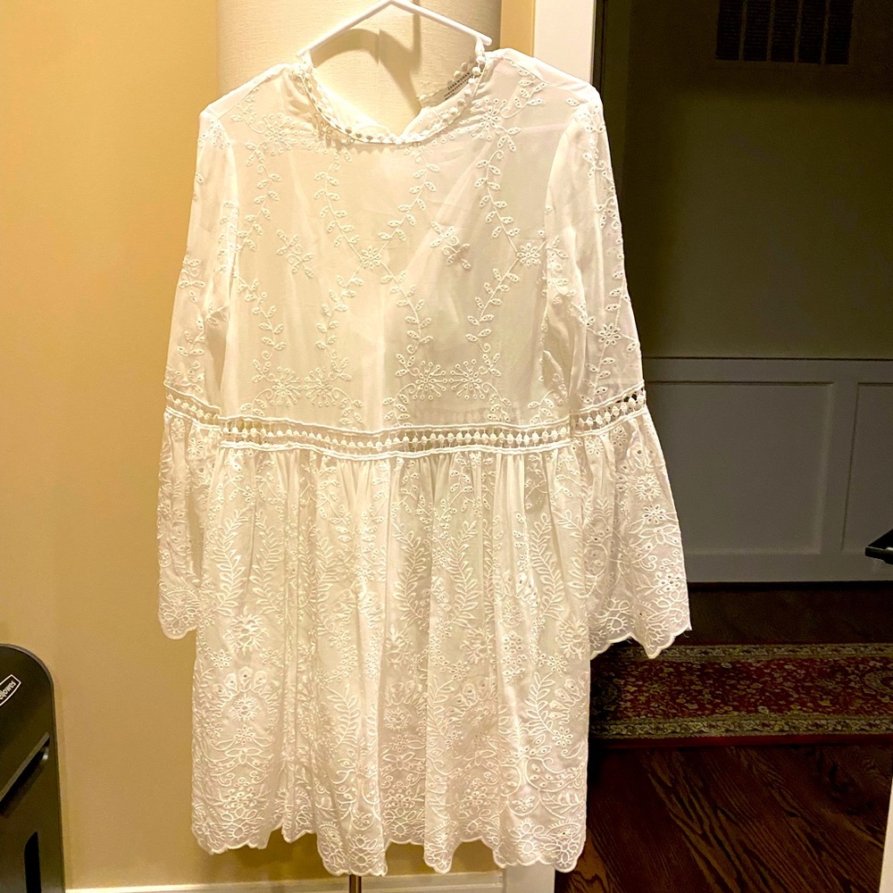Zara Women White Lace Dress with Lace Flowers